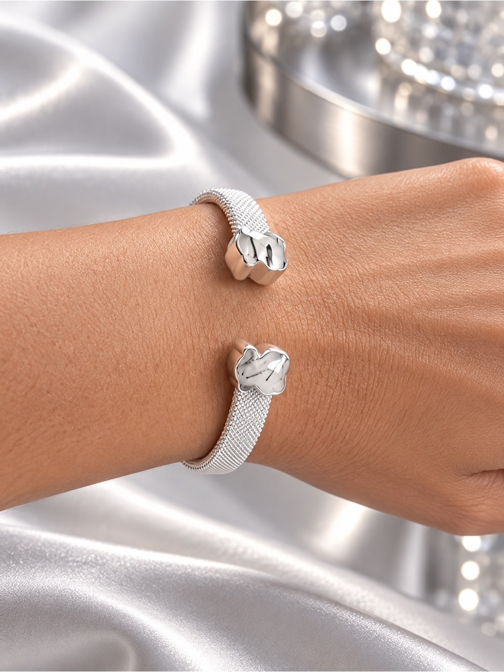 Mesh Bracelet with Tourmalinated Quartz, Sterling Silver S925